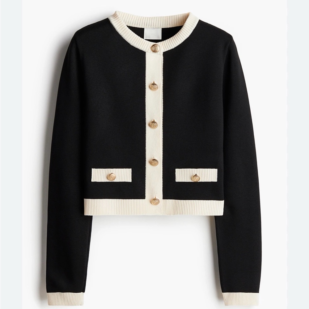 H&M Black Knit Sweater with Cream Rib Collar